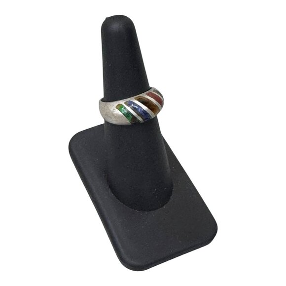 Vtg Sterling Silver 925 Multi Gemstone Inlay Band Ring Tigers Eye Malachite Sz 6 - Picture 8 of 10